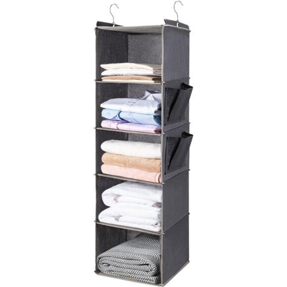 Hanging closet organizer 5 tier shelves with side pockets foldable storage grey - Picture 8 of 8